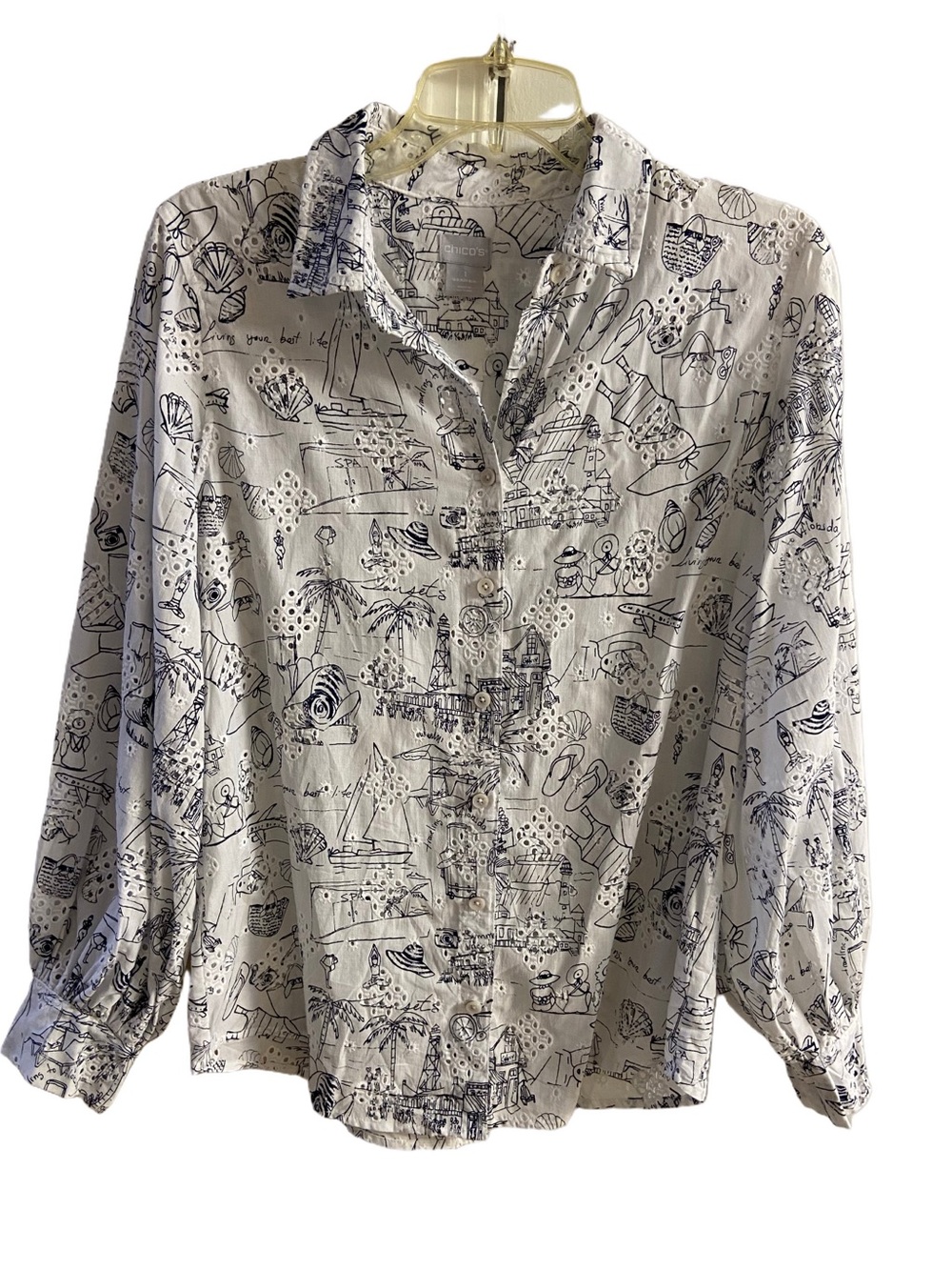 Chico's White Eyelet Coastal Beach Line Art Long Sleeve Button Down Shirt Sz 10
